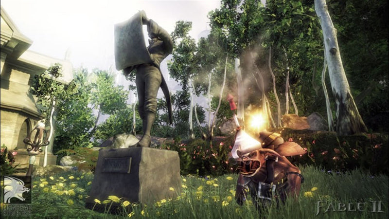Explosion près d'une statue en forêt dans Fable II: Game of the Year Edition sur Xbox 360