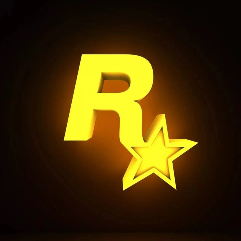 Logo Rockstar Games jaune luminescent avec r stylisé et étoile sur fond noir