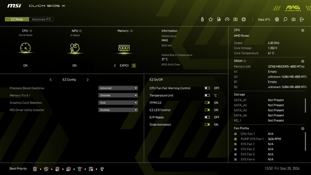 Accéder au BIOS : écran d'accueil du BIOS MSI Click BIOS X en mode EZ