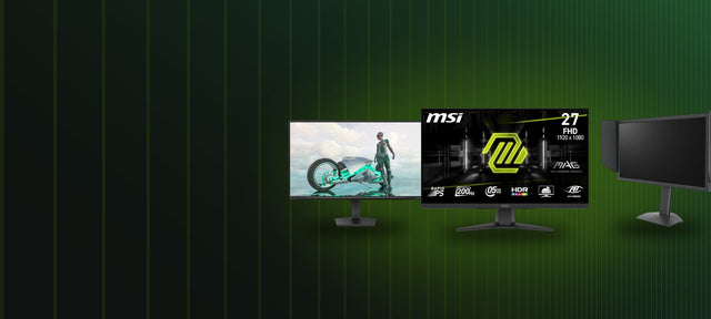 Trois écrans gaming Philips Evnia 144 Hz, MSI MAG 200 Hz et BenQ Zowie 400 Hz sur fond graphite et vert