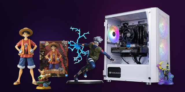 Setup gaming complet pop culture : PC gamer blanc, figurines One Piece, Naruto et Pokémon, composition Pixel 404