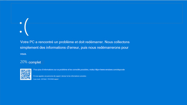 Écran bleu de Windows avec un code d'arrêt