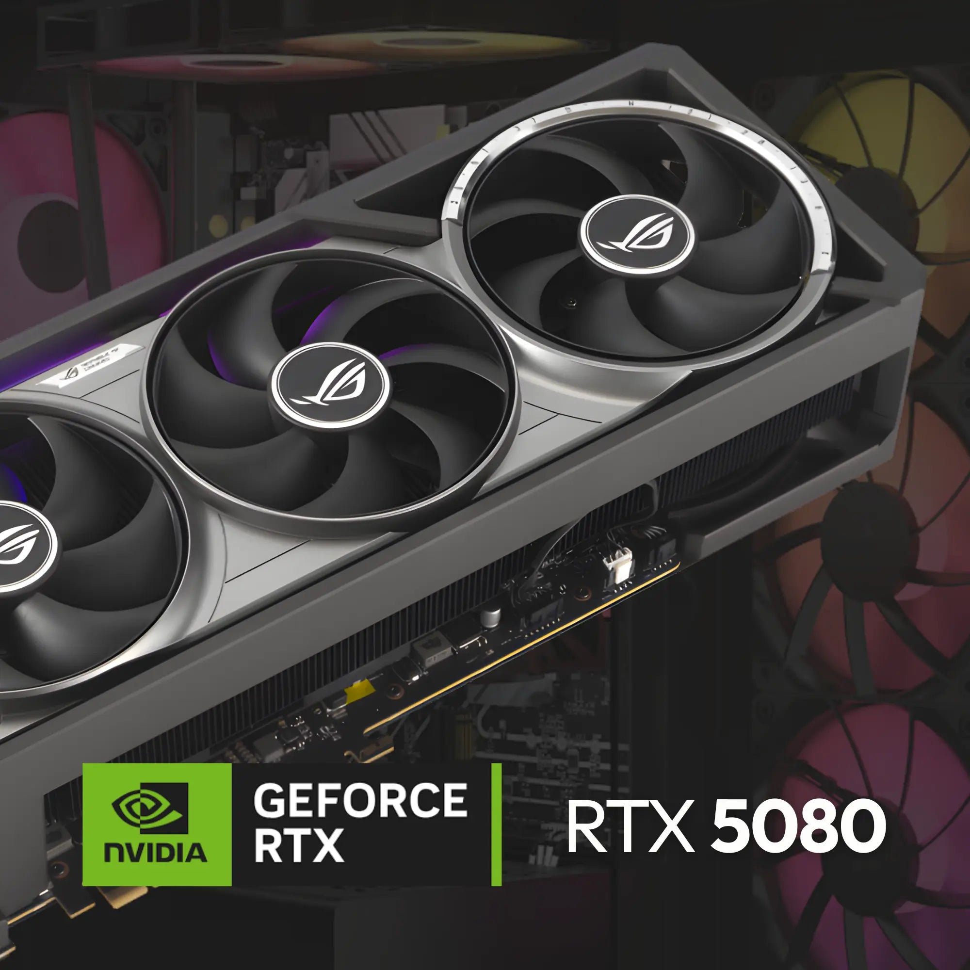 Carte graphique Asus ROG Strix RTX 5080 noire et argentée, 3 ventilateurs, logos illuminés, PC GAMER x RTX 5080 Image