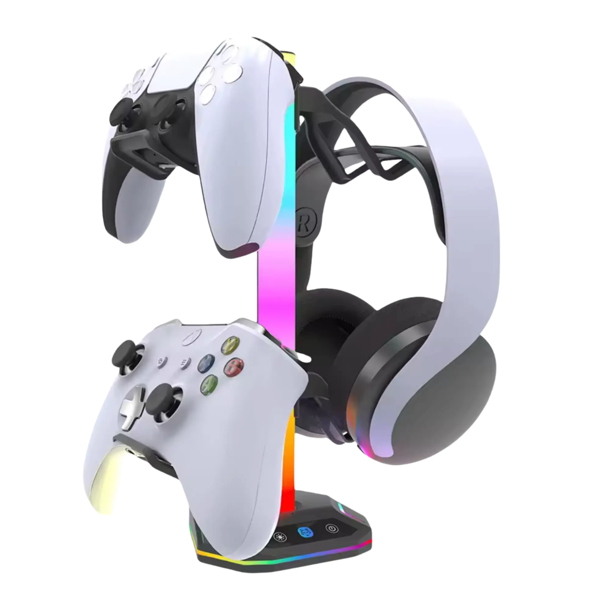 Station gaming moderne avec bandeau RGB vertical, 2 manettes blanches et casque noir-blanc. Supports manettes. Image