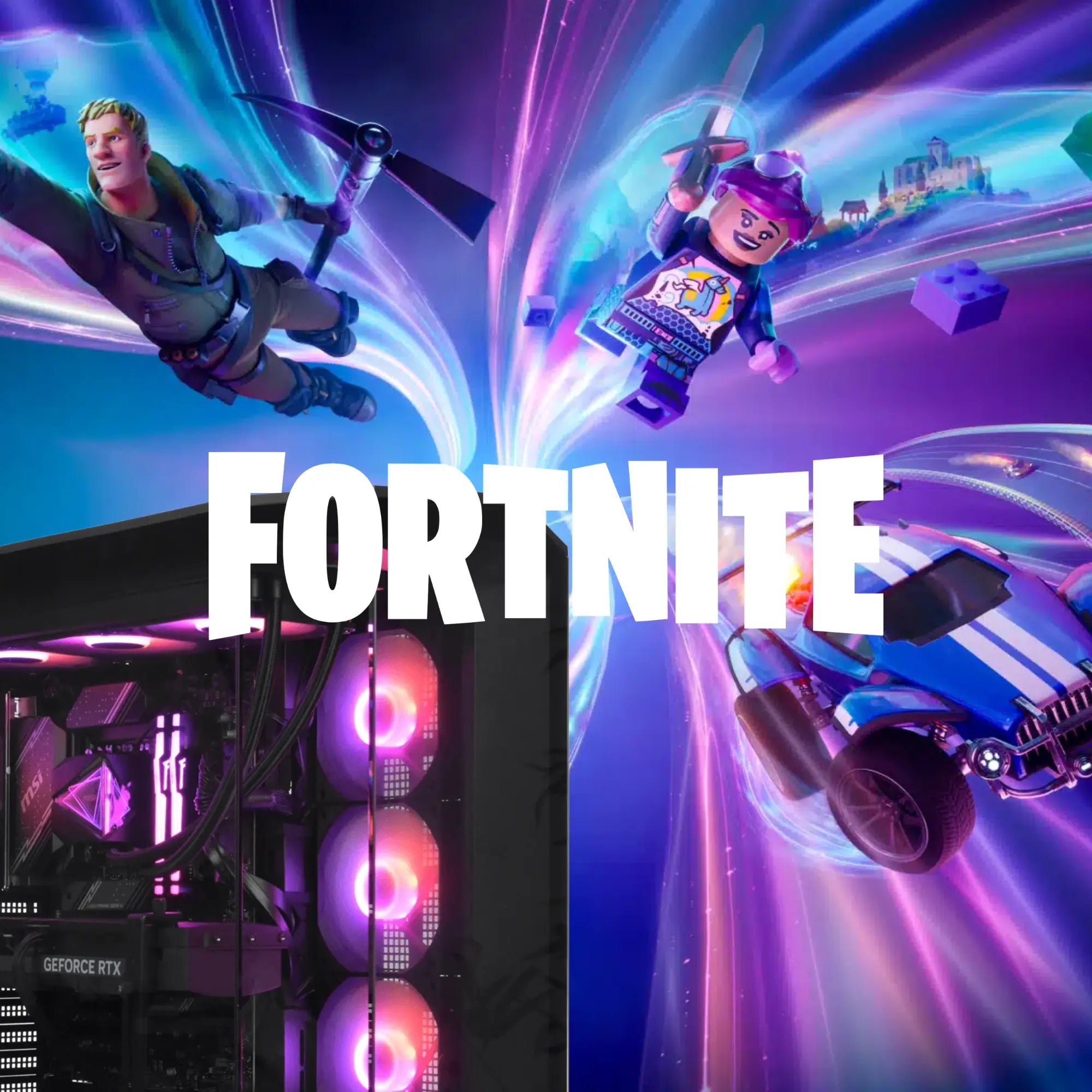 PC gamer Fortnite avec LED violette/rose et GeForce RTX.
