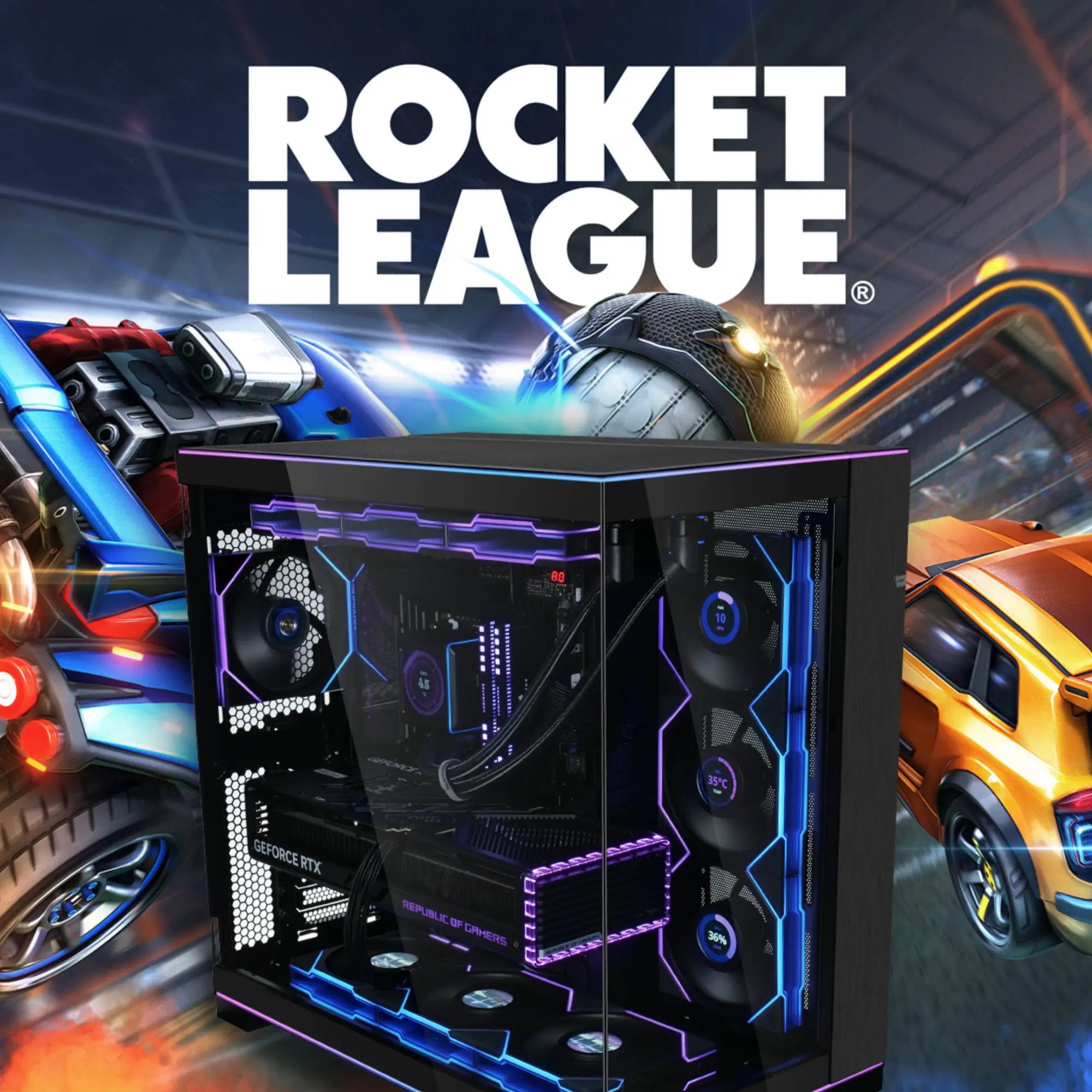 Boîtier PC gamer noir verre latéral, LED bleues violettes, RTX, Rocket League Image