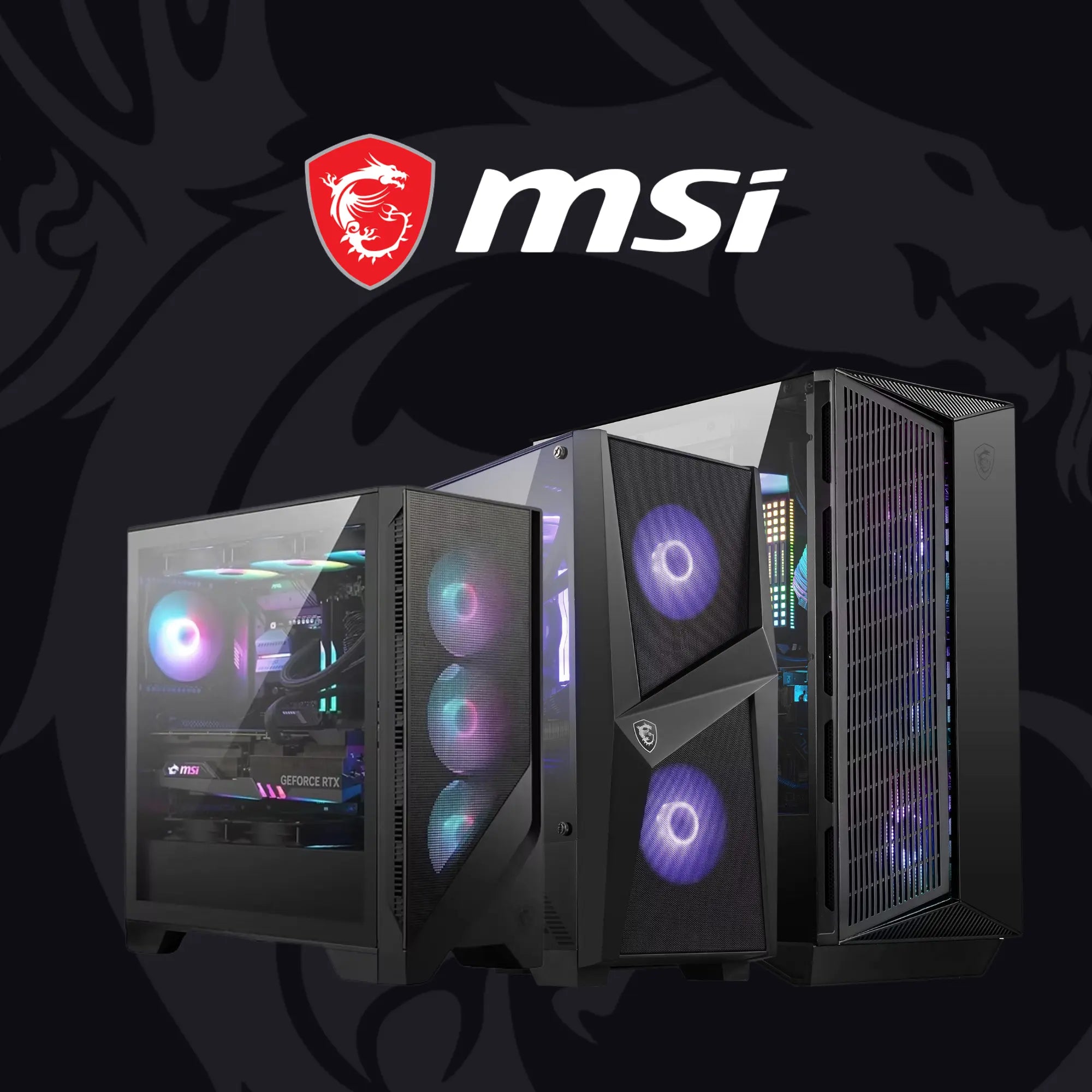 Cases PC Gamer MSI noirs avec panneaux latéraux transparents et ventilateurs RGB illuminés Image