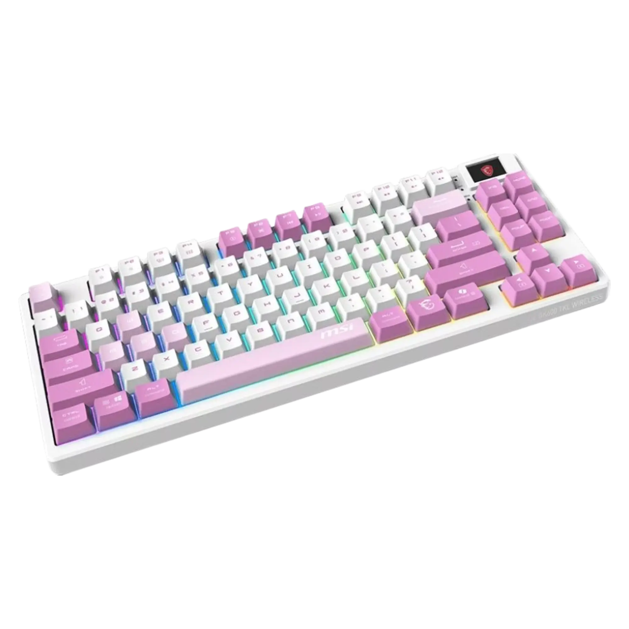 Clavier gaming blanc élégant avec touches dégradé rose-violet et rétroéclairage RGB. Image