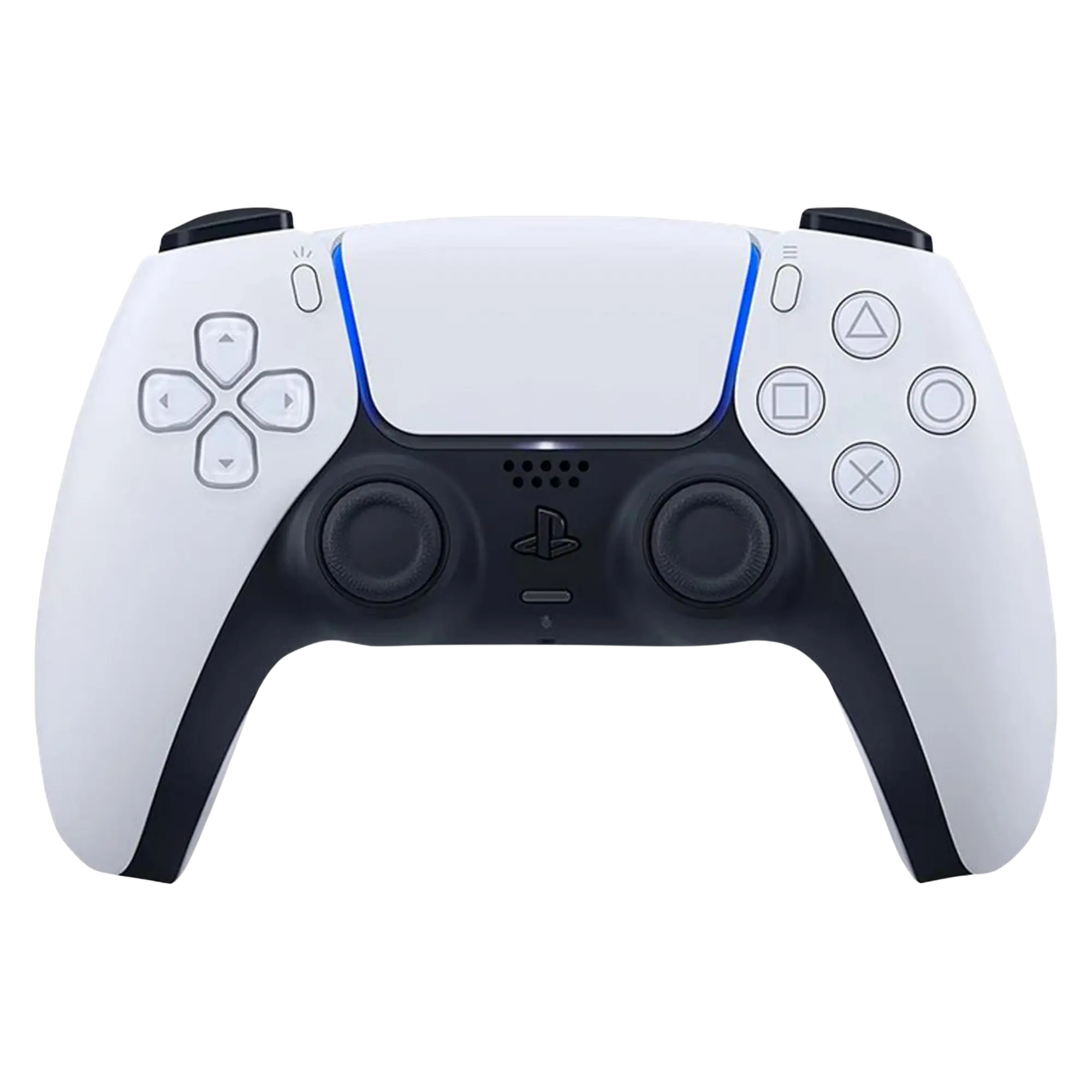 Manette DualSense PlayStation 5 blanche et noire avec éclairage bleu Image