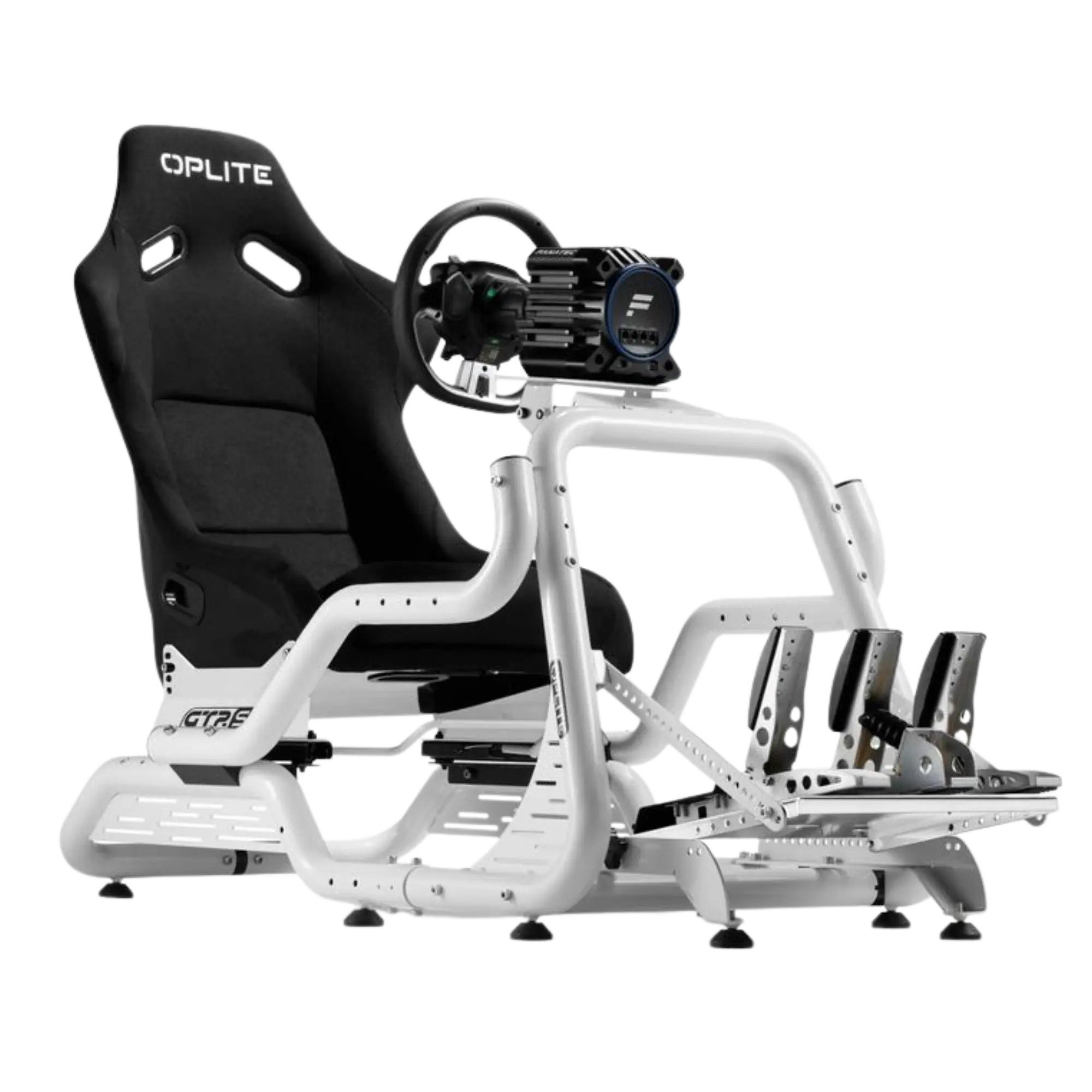 Simulateur Oplite GT3 noir et blanc avec siège ergonomique et pédales détaillées. Image