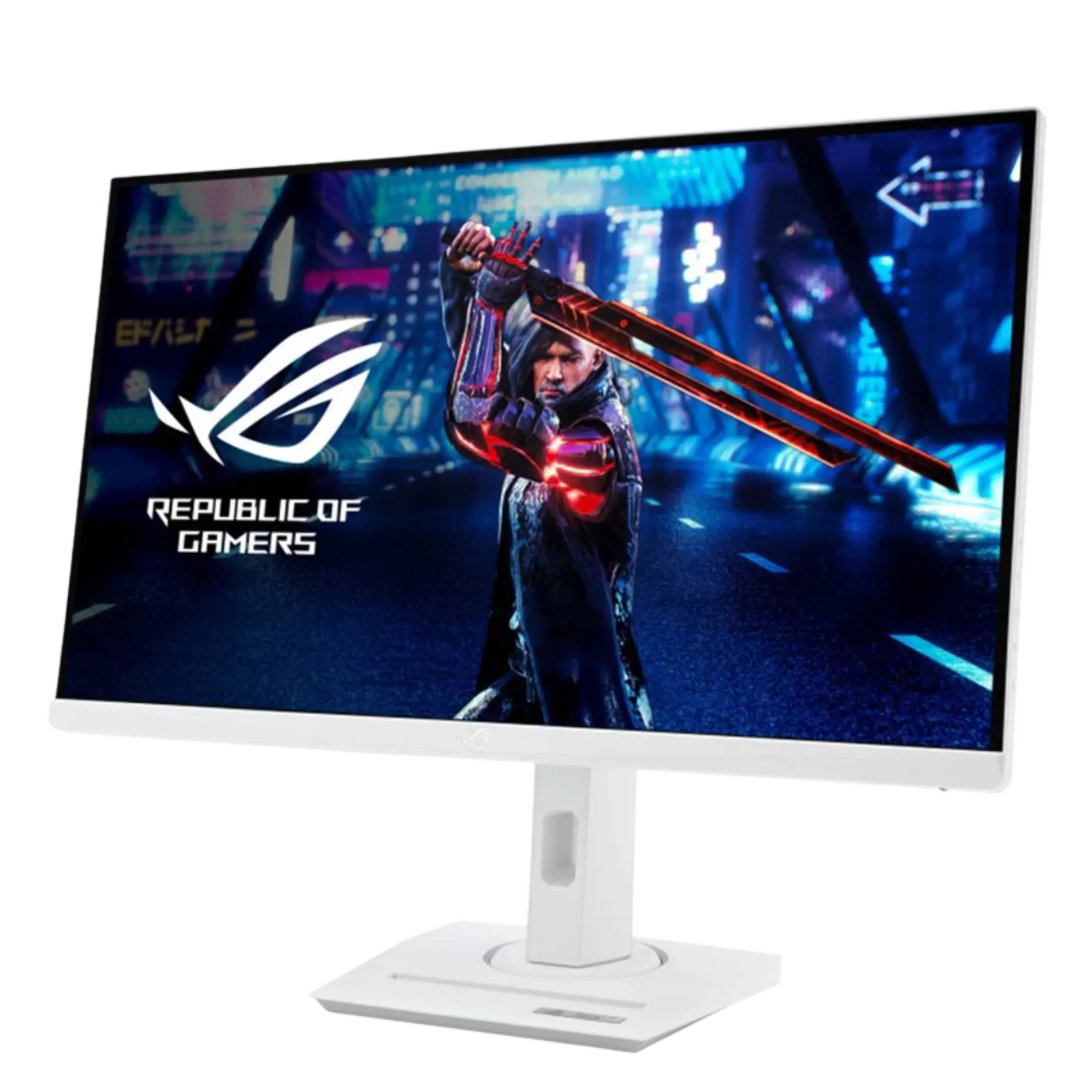 Moniteur gaming ASUS ROG blanc au design minimaliste avec logo. Image