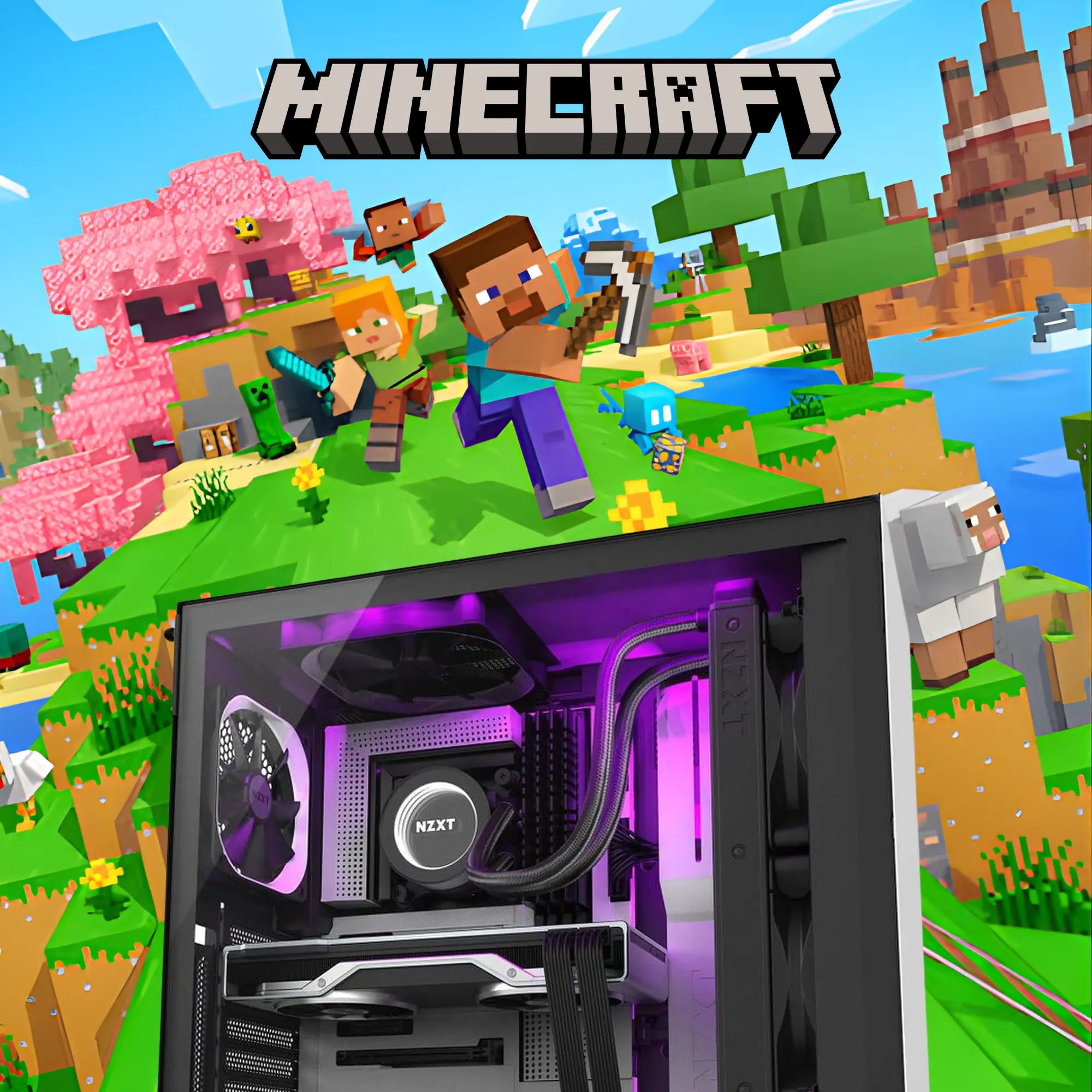 Boîtier NZXT noir avec éclairage interne violet, carte mère visible, dans collection PC Gamer Minecraft Image