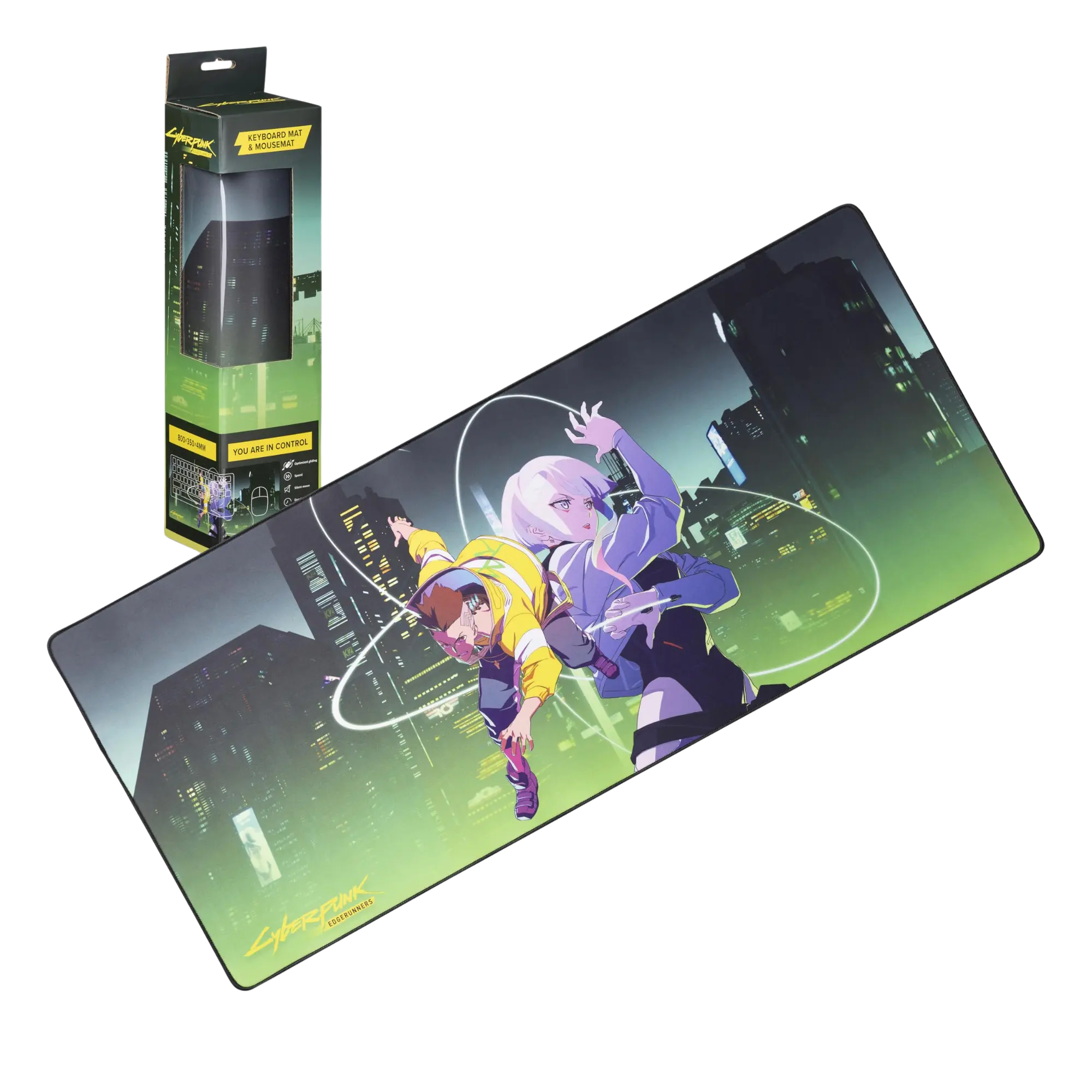Tapis de souris gaming cyberpunk avec personnages anime et néons verts Image