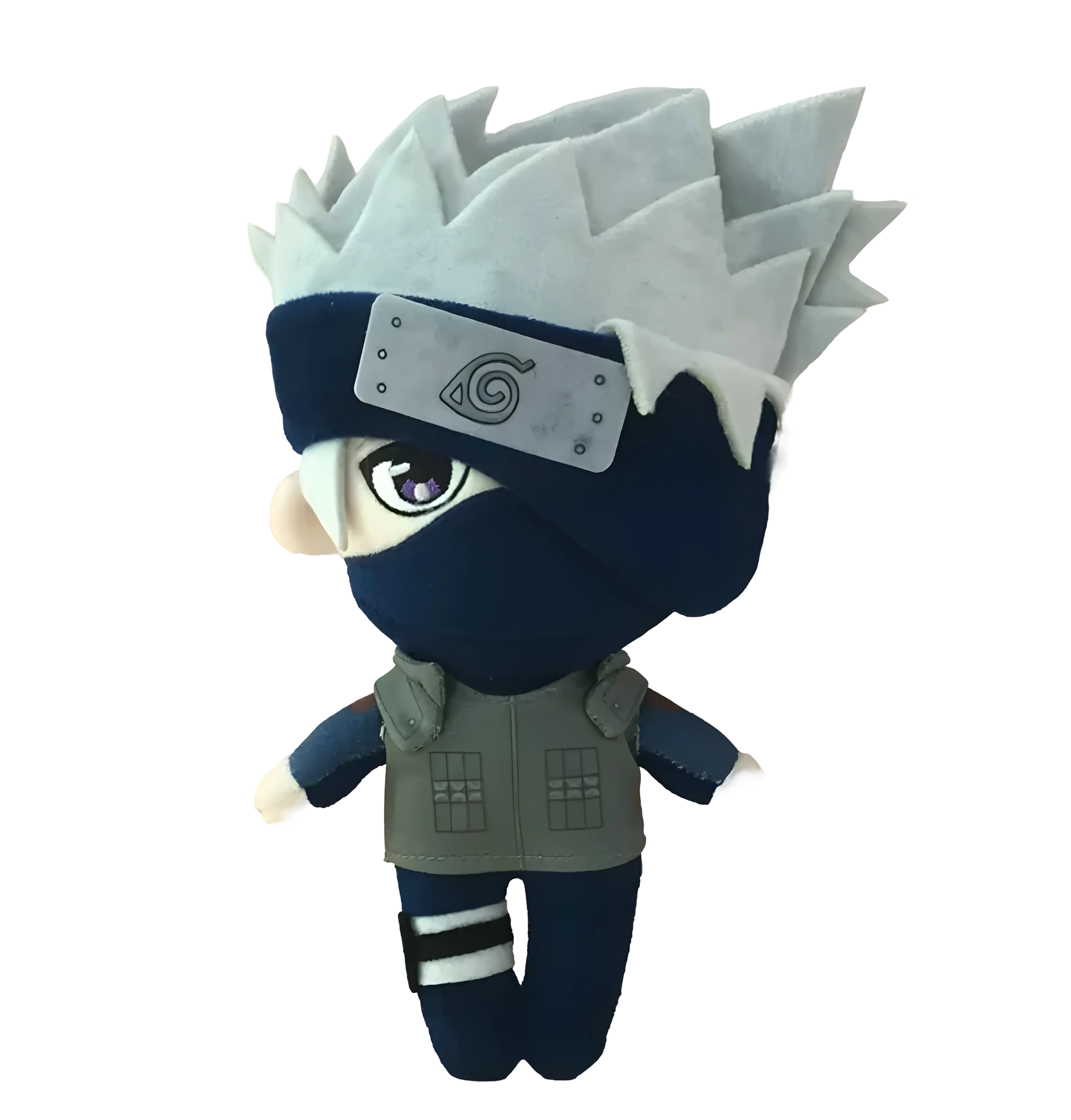 Peluche Kakashi Hatake de Naruto avec cheveux blancs, masque bleu et bandeau feuille. Image