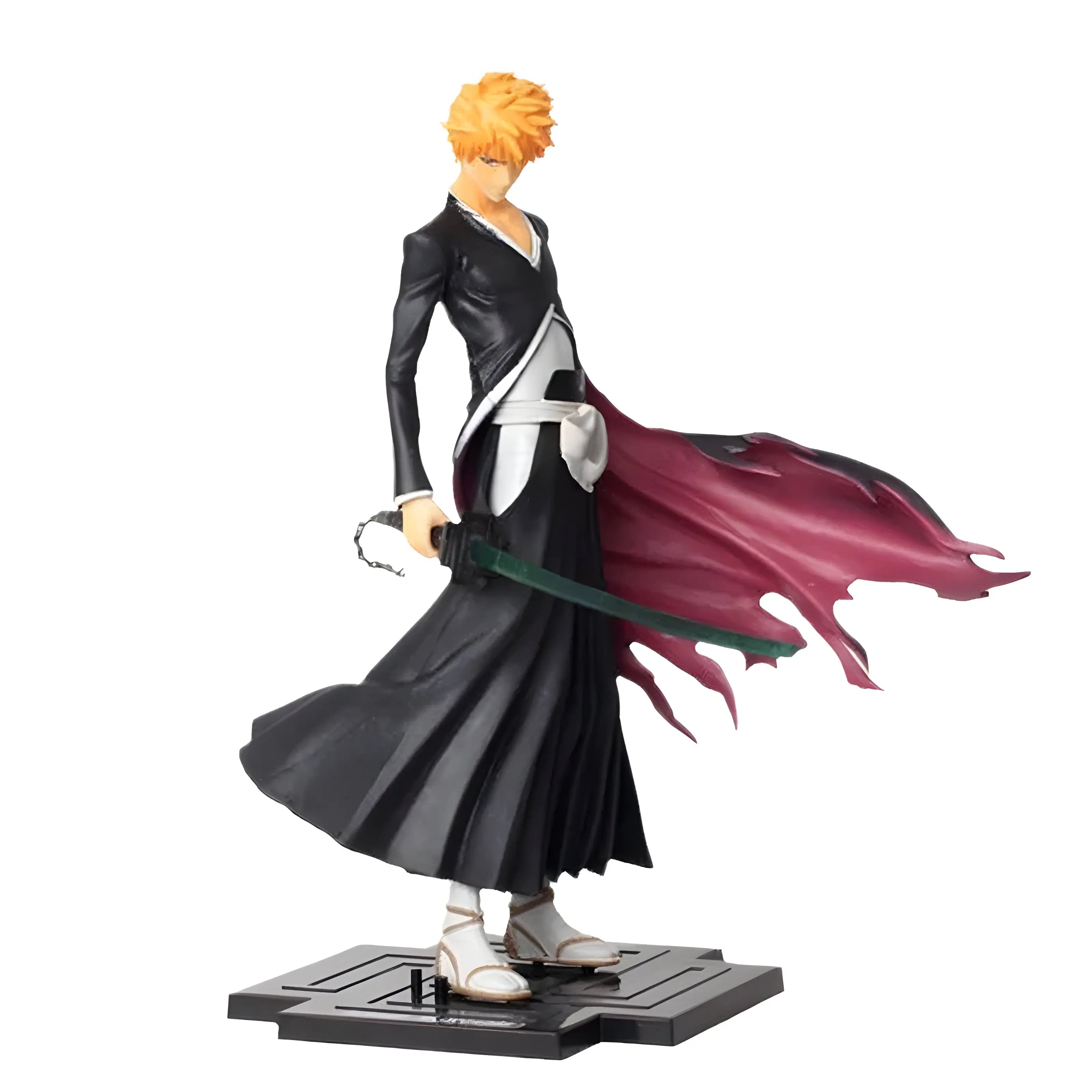 Figurine Bleach : personnage anime aux cheveux orange, cape bordeaux, épée verte Image