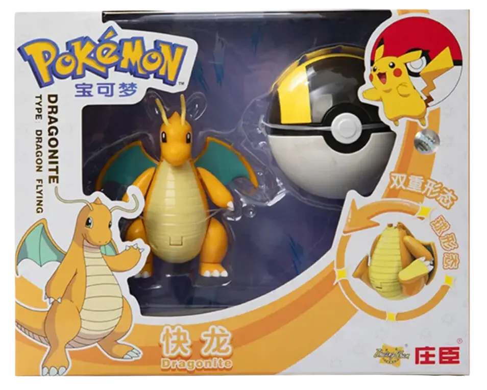 Figurine Dracolosse orange et jaune avec ailes teal en boîte Pokéball Pokémon