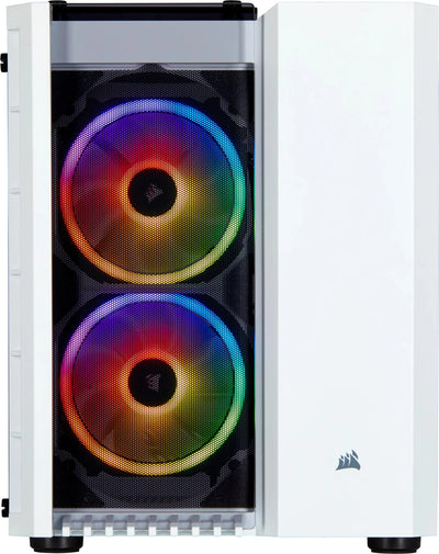 Boîtier blanc Corsair Crystal 280X RGB TG avec 2 ventilateurs RGB arc-en-ciel empilés