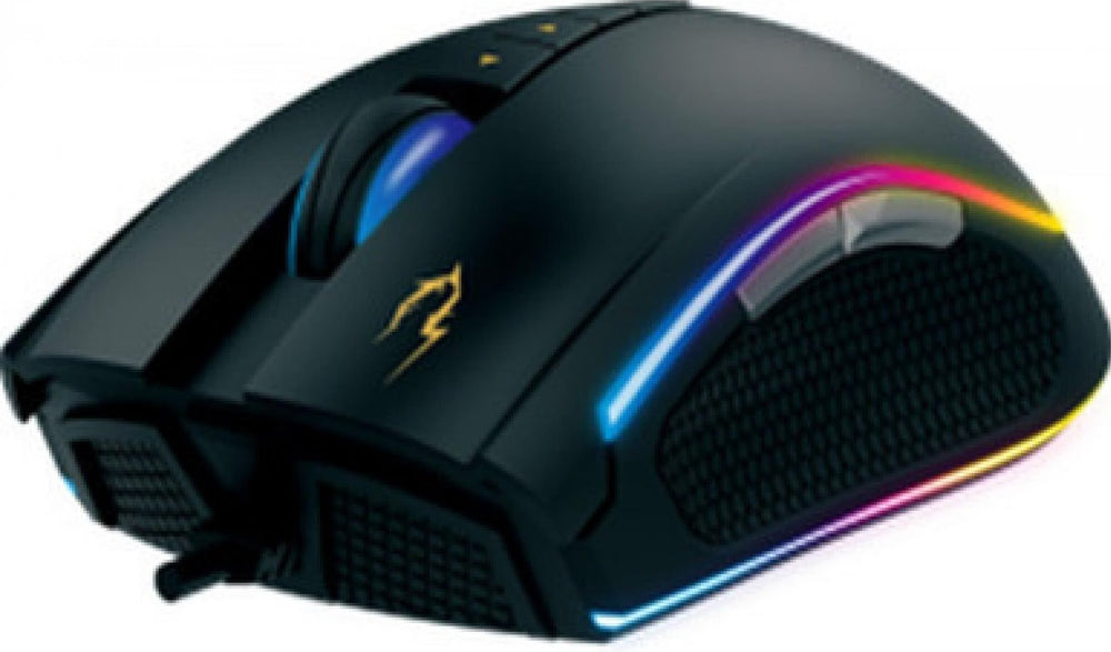 Souris gamer filaire Gamdias Zeus P2 RGB noire, vue de trois quarts avec éclairage RVB