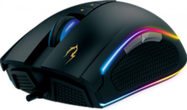 Souris gamer filaire Gamdias Zeus P2 RGB noire, vue de trois quarts avec éclairage RVB