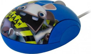 Souris filaire SteelSeries Lapins Crétins BWAAAAH bleue, vue de dessus avec le lapin