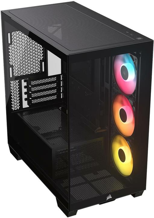 Boîtier Corsair 2800X RS-R ARGB Noir vu en perspective avec façade en verre trempé et 3 ventilateurs ARGB allumés
