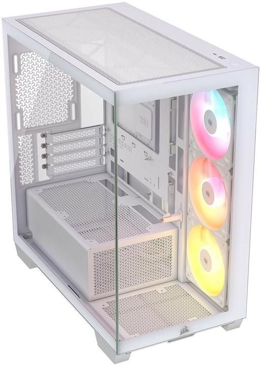 Boîtier PC Corsair 2800X RS-R ARGB blanc Micro-ATX en vue 3/4 avec façade vitrée et trois ventilateurs ARGB allumés