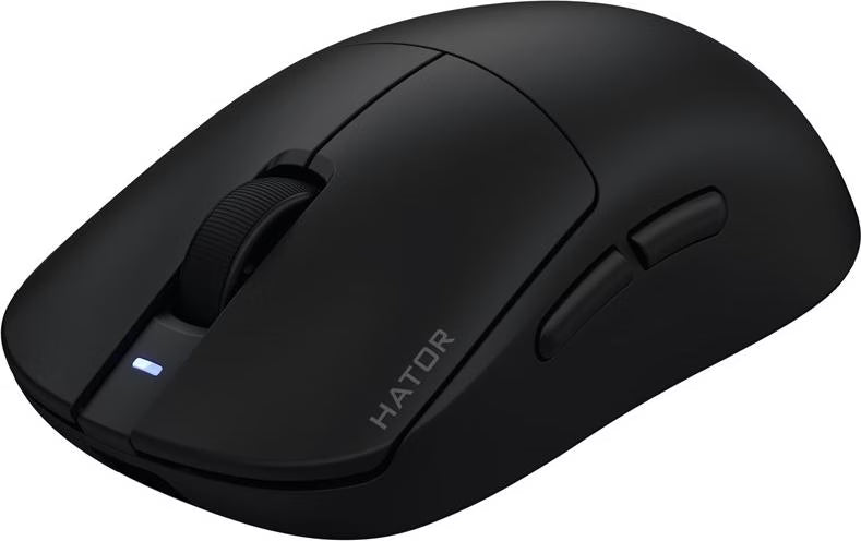 Souris gamer sans fil Hator Quasar 3 Pro noire, vue de trois quarts