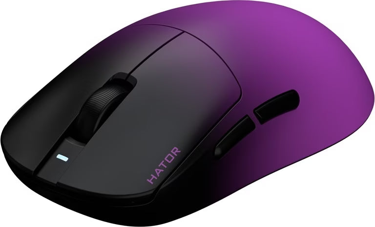 Souris gamer sans fil Hator Quasar 3 Ultima 8K noir et violet, vue de trois quarts