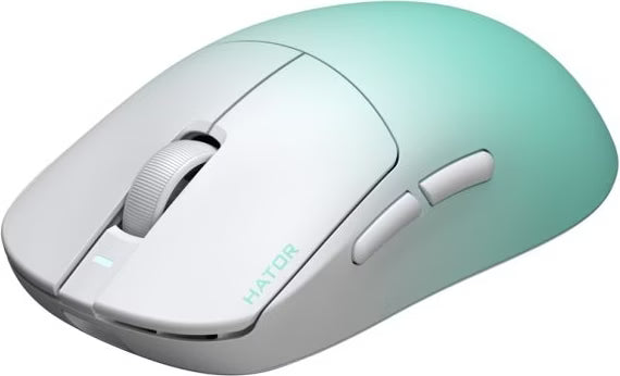 Souris gamer sans fil Hator Quasar 3 Ultima 8K blanche et verte, vue de trois quarts