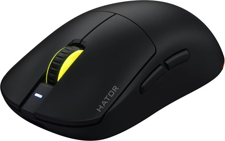 Souris gamer sans fil Hator Quasar 3 Ultra 8K noire, vue de trois quarts avec éclairage RVB