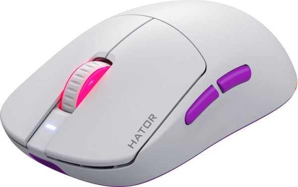 Souris gamer sans fil Hator Quasar 3 Ultra 8K blanche, vue de trois quarts avec éclairage RVB