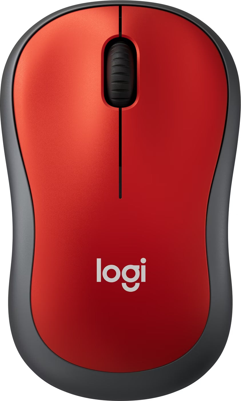 Souris sans fil Logitech M185 rouge, vue de dessus avec logo Logi