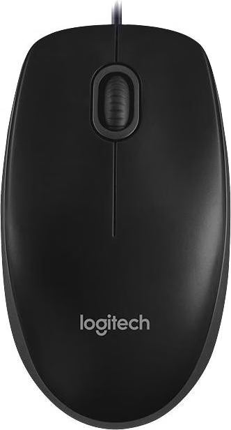 Souris filaire Logitech B100 noire, vue de dessus avec logo Logitech