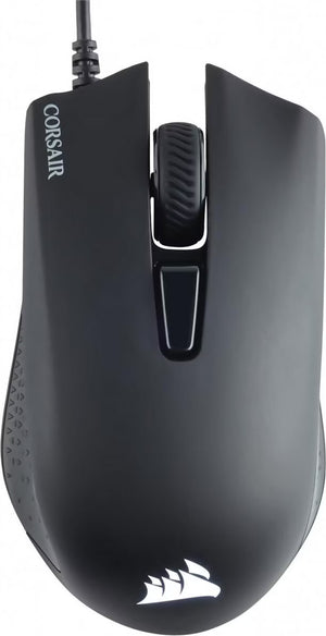Souris gamer filaire Corsair Harpoon RGB Pro noire, vue de dessus avec logo Corsair
