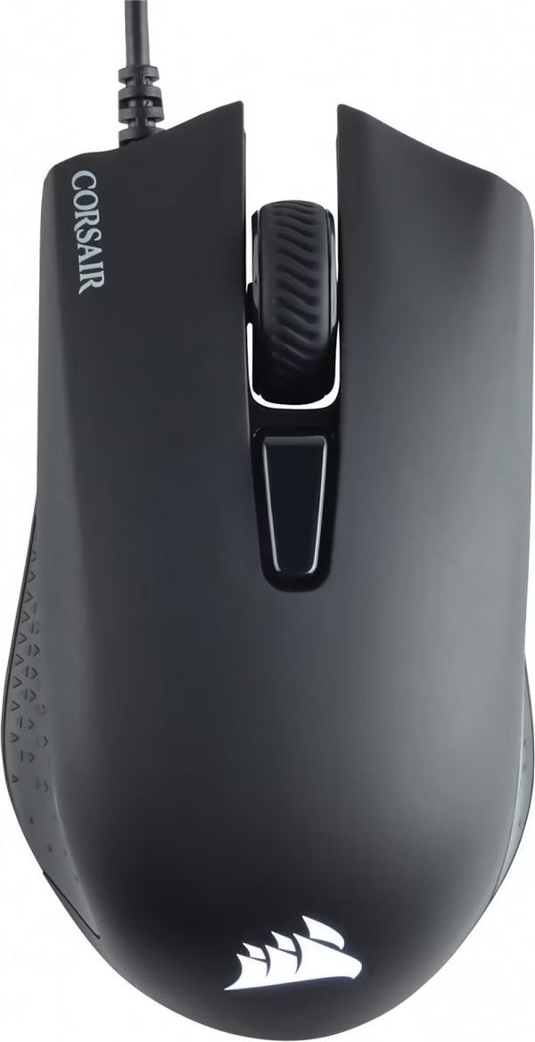Souris gamer filaire Corsair Harpoon RGB Pro noire, vue de dessus avec logo Corsair