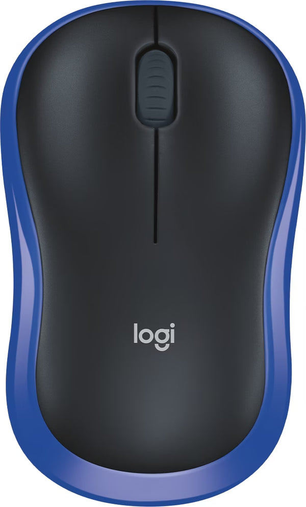 Souris sans fil Logitech M185 noire et bleue, vue de dessus avec logo Logi