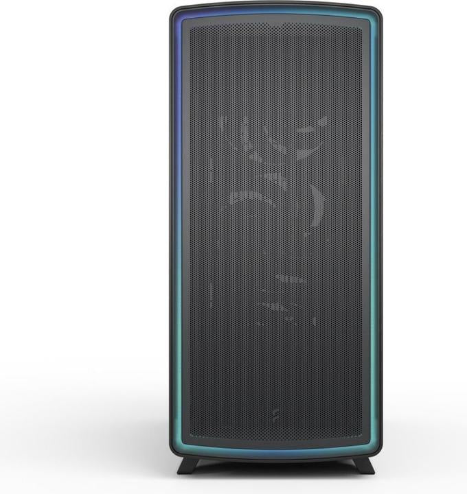 Boîtier PC Fractal Design Summit Ambience Blackout TG Light Tint, vue de face avec façade ventilée noire et liseré lumineux ARGB, fond blanc
