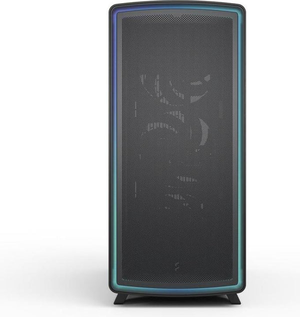 Boîtier PC Fractal Design Summit Ambience Blackout TG Light Tint, vue de face avec façade ventilée noire et liseré lumineux ARGB, fond blanc