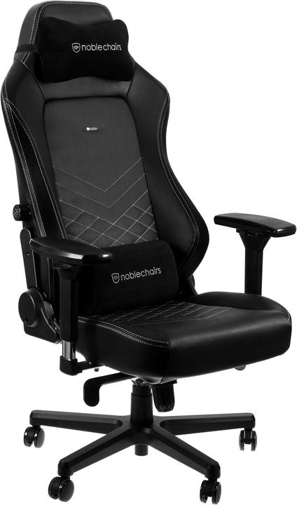 Fauteuil gamer Noblechairs Hero noir et blanc avec coussins vue de trois quarts