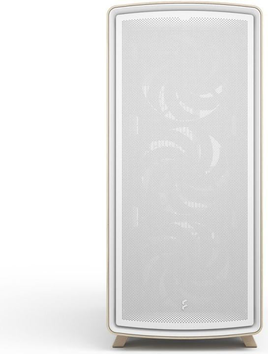 Boîtier Fractal Design Summit Chalk White vue de face, façade mesh blanche et pieds en bois clair