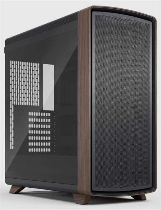 Boîtier PC Fractal Design Summit noir verre trempé teinte claire, vue 3/4 avant avec façade mesh et pieds en bois