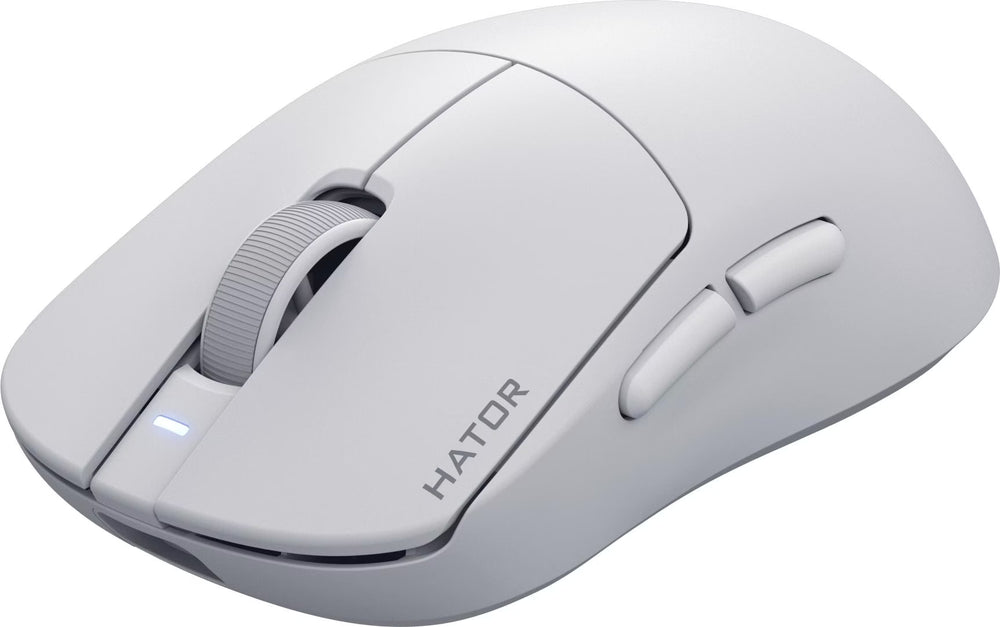 Souris gamer sans fil Hator Quasar 3S Ultima 8K blanche, vue de trois quarts