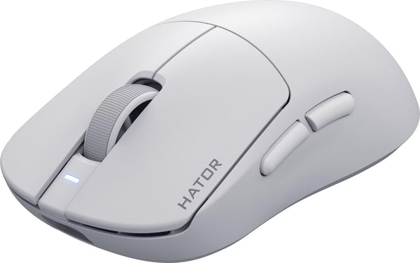 Souris gamer sans fil Hator Quasar 3S Ultima 8K blanche, vue de trois quarts