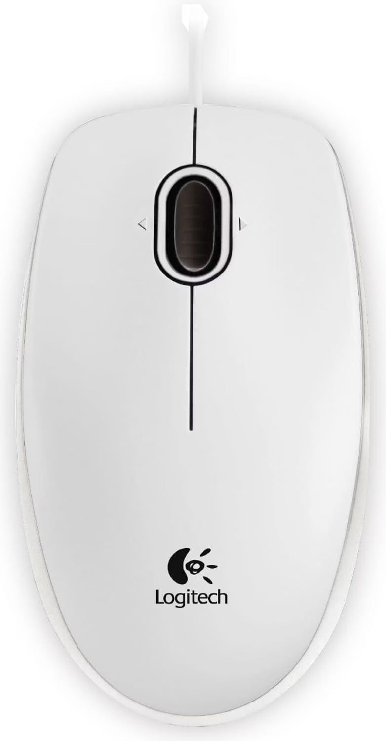 Souris filaire Logitech B100 blanche, vue de dessus avec logo Logitech