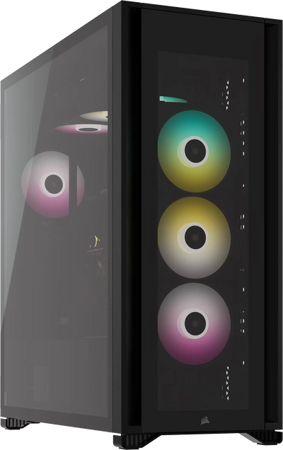 Corsair iCue 7000X RGB Full Tower Noir avec 3 ventilateurs RGB empilés verticaux en teal, jaune et magenta