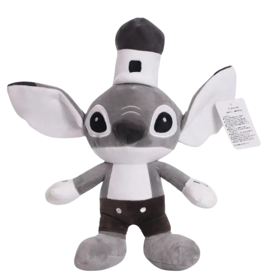 Peluche grise et blanche Stitch en cosplay chef avec toque noire et blanche