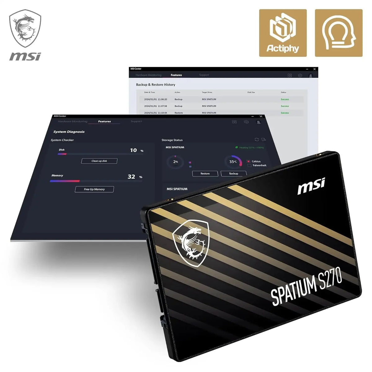 Disque SSD MSI SPATIUM S270 960 Go rayures noir or dragon blanc