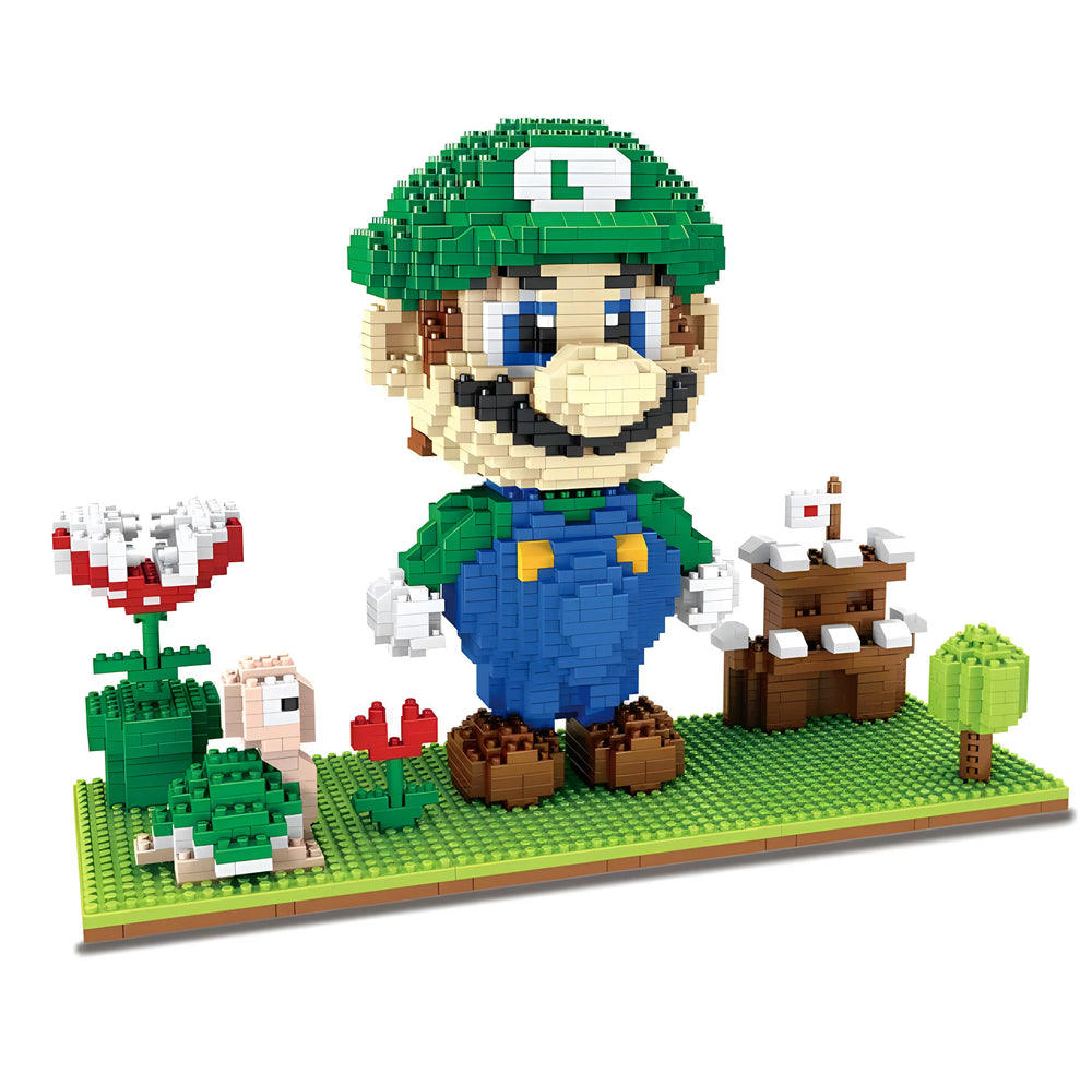 Modèle LEGO Luigi Super Mario Bros en vert et bleu détaillé