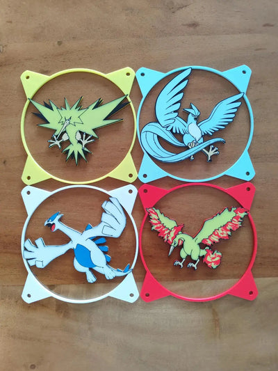 Grille ventilateur Pokémon 120mm/140mm Electhor : 4 autocollants 3D Jolteon, Articuno, Lugia, Ho-Oh colorés