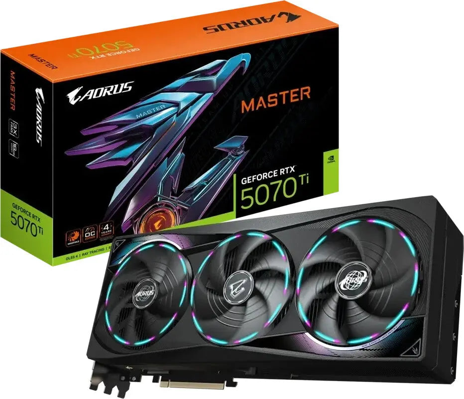 Carte graphique Gigabyte GeForce RTX 5070 Ti AORUS MASTER noire, 3 ventilateurs, RGB